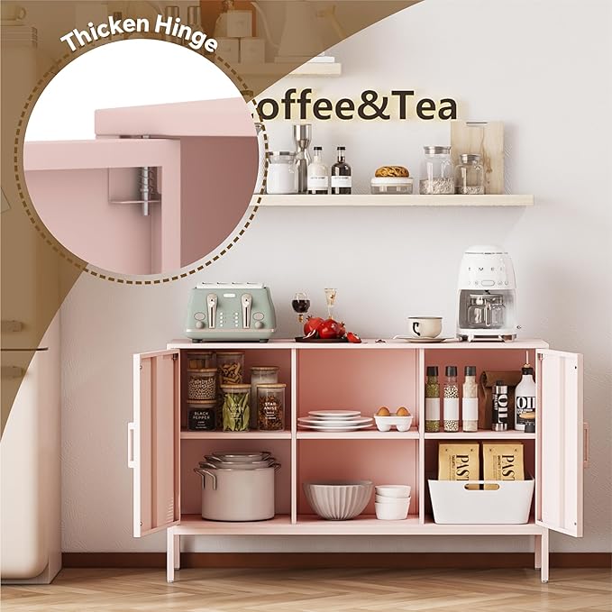 Metal Storage Cabinet,Metal Pink TV Stand,Coffee Bar Buffet Cabinet Kitchen Sideboard Storage with Adjustable Shelves for Living Room Bedroom