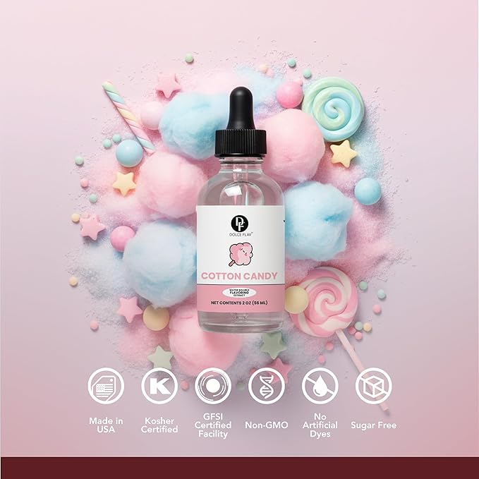 Dolce Flav Natural Cotton Candy Extract – 2 Ounce Water-Soluble Kosher, Sugar-Free, Concentrated Carnival-Style Flavoring for Baking, Frostings & Drinks, Includes Measured Dropper