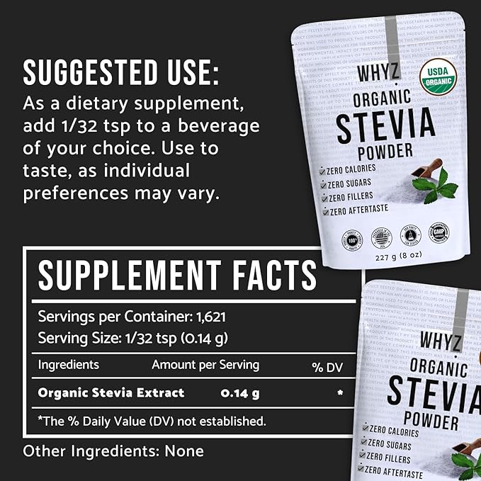 WHYZ Organic Stevia Powder, 1621 Servings, Premium Zero Calorie Sweetener - Powdered Pure Stevia Extract, Natural Sweetener Powder for Baking - No Aftertaste, Non-GMO, Keto Friendly- 8 oz