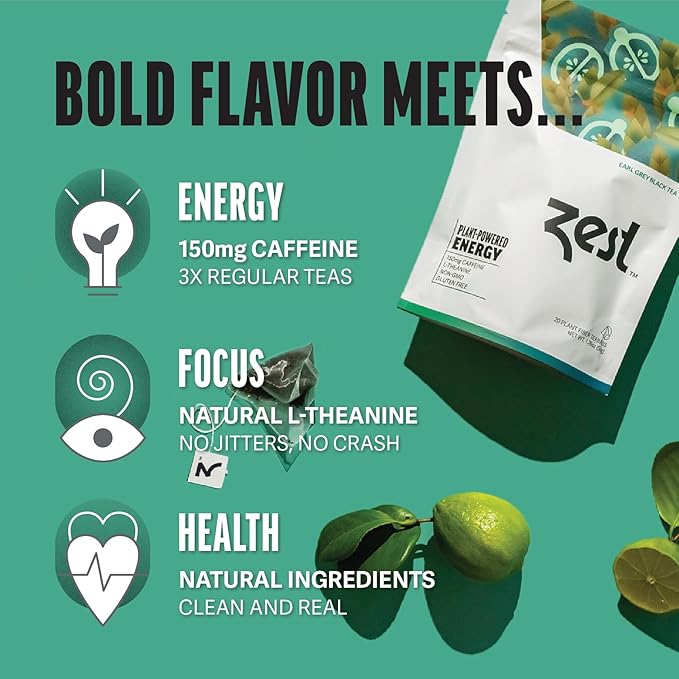Zest High Caffeine Black Tea Bags – Earl Grey Energy Tea with Natural Bergamot – 150mg Caffeine per Cup – Focus & Morning Breakfast Tea for Energy – Caffeinated Coffee Substitute – 20Ct Pack