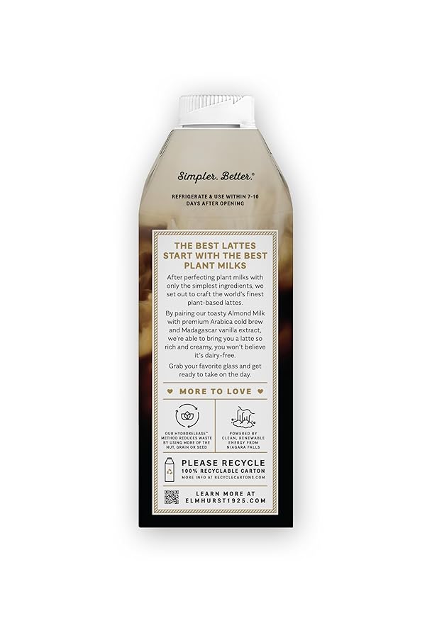 Elmhurst 1925 Toasted Almond Vanilla Latte – Plant-Based, Vegan, Dairy-Free Plant Milk Latte Made of Cold Brew Premium Arabica with 95mg Caffeine & Madagascar Vanilla – 25.4oz (Pack of 6)