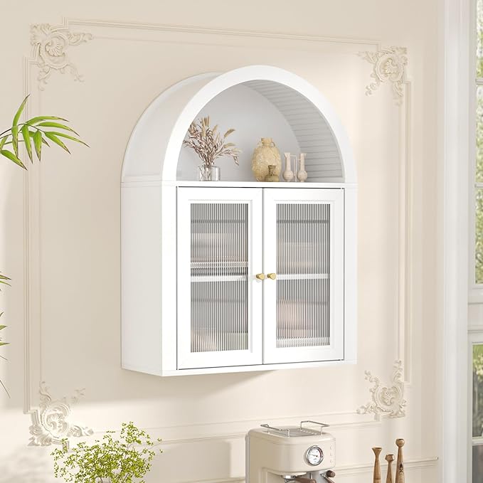 Arched Bathroom Cabinet, Wall Mounted Bathroom Cabinet with Acrylic Doors and Adjustable Shelf, for Kitchen, Living Room, Laundry Room, Restroom, White