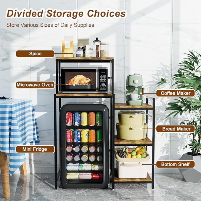 6 Tier Mini Fridge Stand & Microwave Stand, Mini Fridge Cabinet with Adjustable Shelves, Baker Rack Coffee Bar Cabinet with Mini Fridge Shelf, Utility Storage Shelf for Kitchen Dorm Office