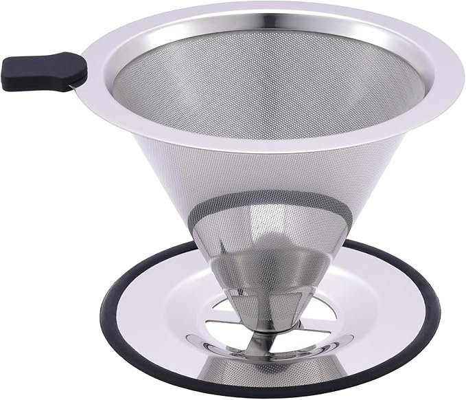 Pour Over Coffee Filter Dripper, Stainless Steel Metal Cone Drip Coffee Filter, Paperless and Permanently Reusable, Double Mesh Coffee,Tea Filter for 2-4 Cups