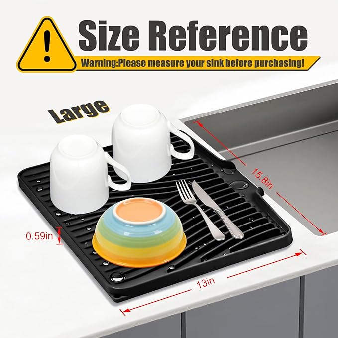 Silicone Dish Drying Mat for Kitchen Counter, Dish Drying Pad, Non-Slip Drain Pad with Built-in Drain, Heat Resistant Stone Drying Mat(15.8" x 13", Black)