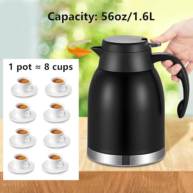 54oz 2PCS Stainless Steel Thermal Coffee Carafe Dispenser with Brush,Double Wall Vacuum Flask 1.6L Water Tea Pot Beverage Pitcher for Cold Drinks in Summer (Matte Black,2Pack)