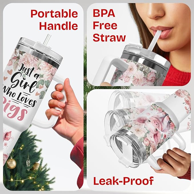 34HD Pig Tumbler with Handle & Straw, 40oz Just A Girl Who Loves Pigs Coffee Mug, Pig Lover Gifts for Birthday Christmas, Farm Animal Gifts for Women