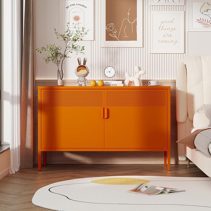 Orange Metal Storage Cabinet,2 Door TV Stand, Metal Mesh Accent Cabinet,Magnetic Door Closure,Low Storage Cabinets with Doors and Shelf for Home,Office,Living Room