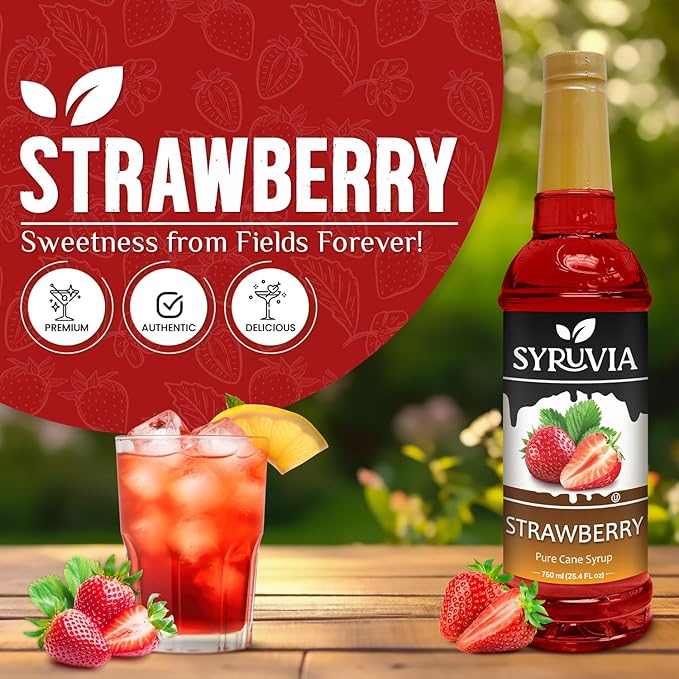 Syruvia Strawberry Syrup, Flavored Syrup for Drinks, Cocktails, Lemonades, Iced Teas, and Desserts – 25.4 fl oz, With Pump