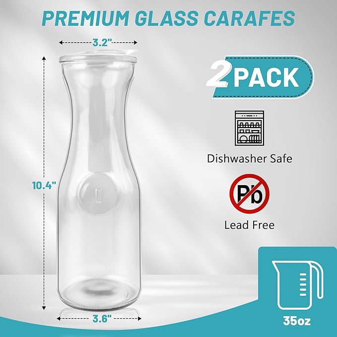 Glass Carafe with Acrylic Lid,35 Oz Beverage Dispensers Carafe,Mimosa Bar Supplies,Clear Glass Pitcher with Name Labels for Iced Tea,Coffee,Juice(Set of 2)