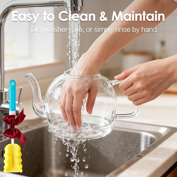 1800ml Glass Teapot with Infuser, Stovetop Safe Large Tea Pot, Hand Crafted Borosilicate Glass Tea Kettle, Blooming and Loose Leaf Tea Maker for Tea Lovers, Tea Gift Set with Cleaning Brush