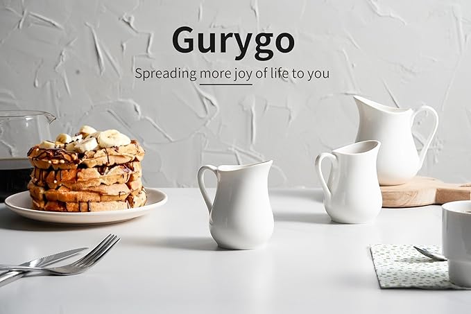 Gurygo 2 Pack 8 oz Ceramic Creamer Pitcher Set with Handle, Small Classic White Milk Container, Fine Porcelain Creamer Pitcher for Coffee Milk Sauces Salad, Microwave & Freezer Safe
