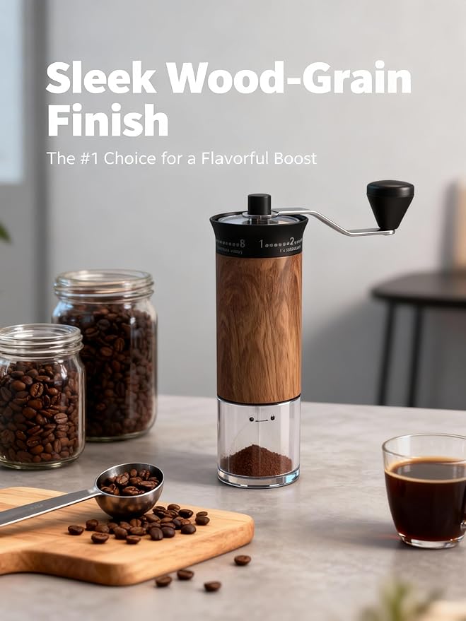 LAMIDO Mini Manual Coffee Grinder, 56 External Adjustable Settings, 30g Capacity, Portable Ceramic Conical Burr Mill with Crank, Single Dose Hand Grinder for Camping, Travel - Wood Grain