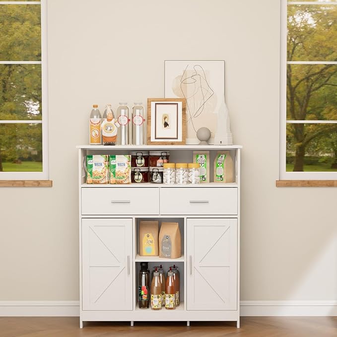Storage Cabinet Coffee Bar Cabinet with 2 Adjustable Shelves 2 Drawers and 2 Doors for Bathroom/Kitchen/Living Room (White)