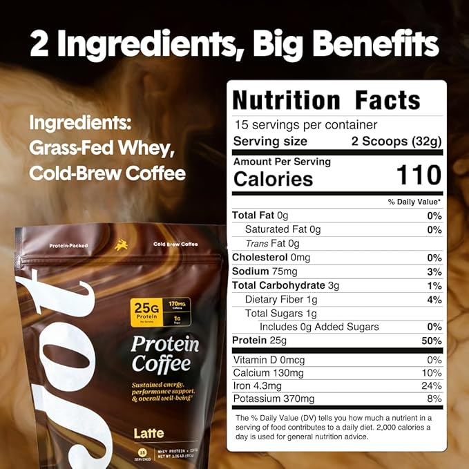 Jot Latte Protein Cold Brew Coffee Powder | Instant Iced Coffees | 25g Premium Whey Protein, 170mg Caffeine Per Serving | 15 Servings