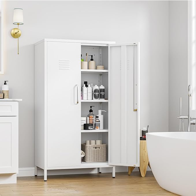 Tall Narrow Storage Cabinet 51.18" H Bathroom Cabinet Metal Pantry Cabinets, 3 Adjustable Shelves for Kitchen, Home Office, Living Room, Dinning Room (30 inches Wide White)