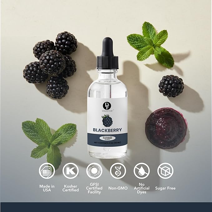 Dolce Flav Blackberry Extract - 2 Ounce Water-Soluble Multipurpose Flavoring Ideal for Baked Goods, Beverages, Coffee, Desserts & Ice Cream - Perfect Kitchen Gift for Holidays