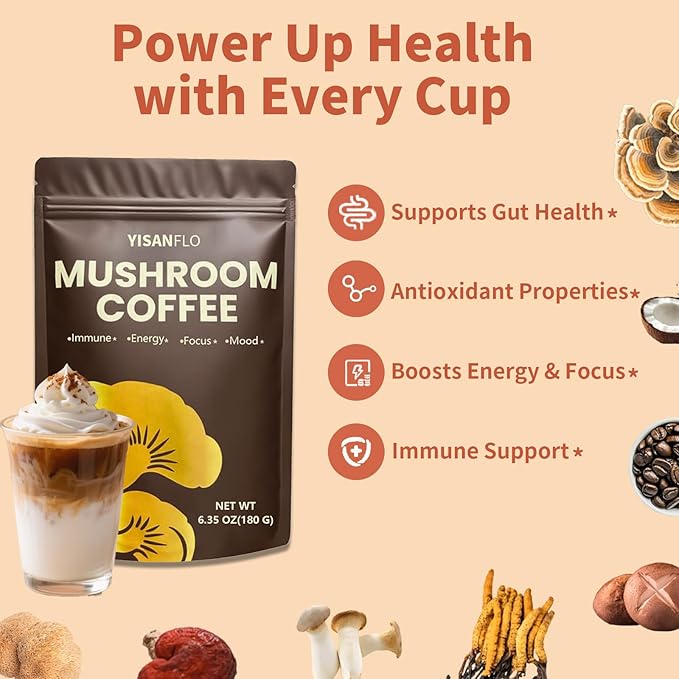 YISANFLO Mushroom Coffee, 6 Superfood Mushrooms and MCT Oil, Organic Mushroom Coffee Instant for Energy, Focus, Immune Support with Lion's Mane, Shiitake, Reishi and Turkey Tail, 30 servings