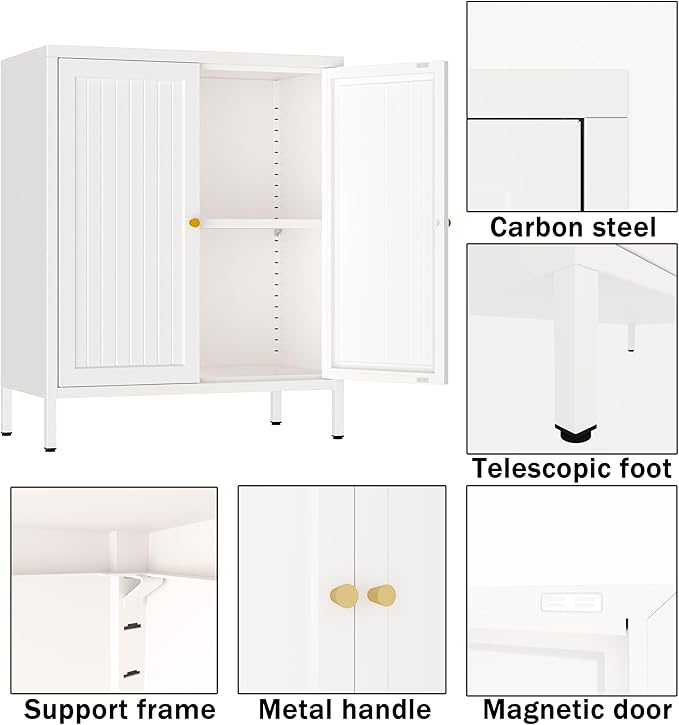 Small 2 Transparent Door Metal Storage Side Buffet Cabinet for Bed Room,Living Room,Entryway,Hallway,Home,Hotel,Office,Garage,Kitchen,1 Removable Shelf. (Striped Door, White)