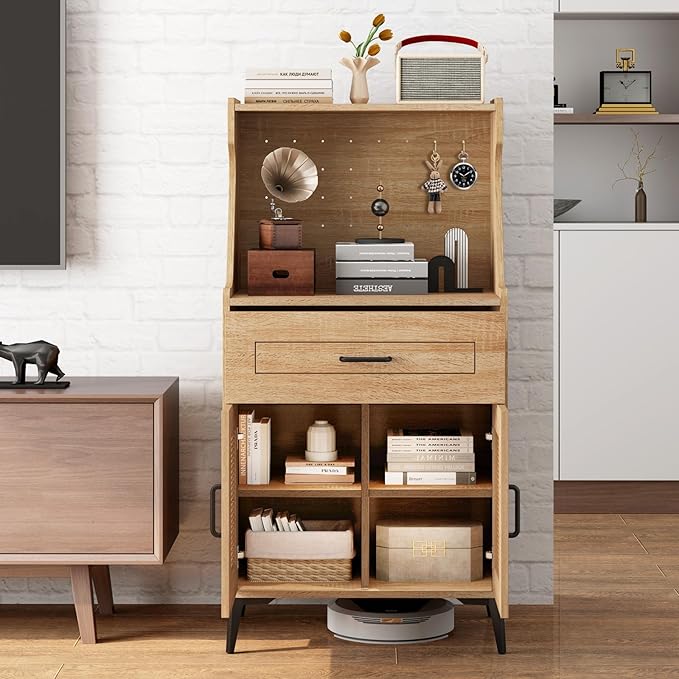 LOKO 45.5” Kitchen Pantry Cabinet, Coffee Bar Cabinet with DIY Pegboard, Rattan Buffet Sideboard with Storage Drawer & Adjustable Shelf, Mid Century Modern Hutch Cabinet for Living Room, Oak (1)