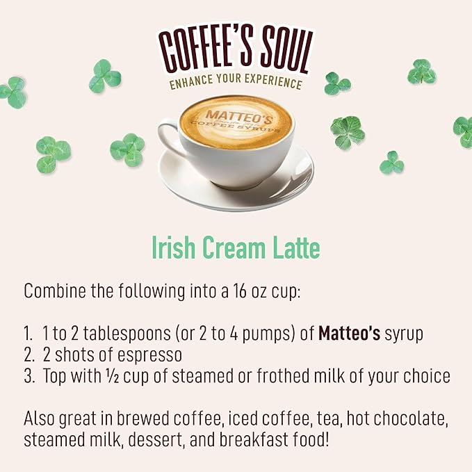 Matteo's Irish Cream Syrup for Coffee, Lattes, Cappuccinos & Desserts – Sugar-Free Sweetener for Beverages, Keto Friendly, Zero Calories, Indulgent Flavor, Non-Alcoholic, 33.8oz (6pk)