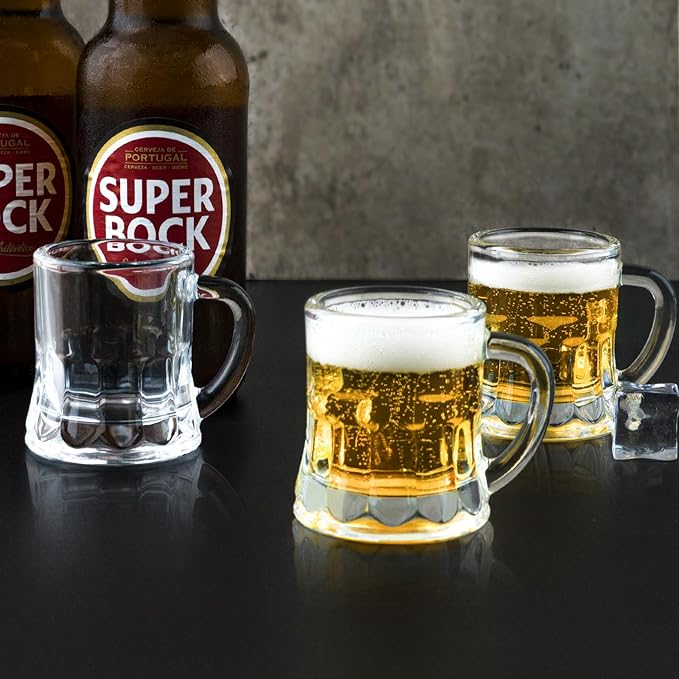 Mini Beer Mugs, Set of 24, 2 Oz with Handles, Glass Mugs for Beer, Whiskey, Tequila, Vodka