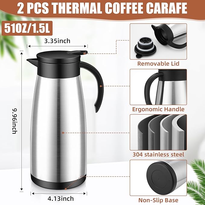 Uiifan 2 Pcs 51 Oz Thermal Coffee Carafe Stainless Steel Insulated Vacuum Coffee Carafes Double Walled Vacuum Thermal Pot Flask with Brushes for Keeping Cold Hot Tea Water Milk Home Office (Silver)