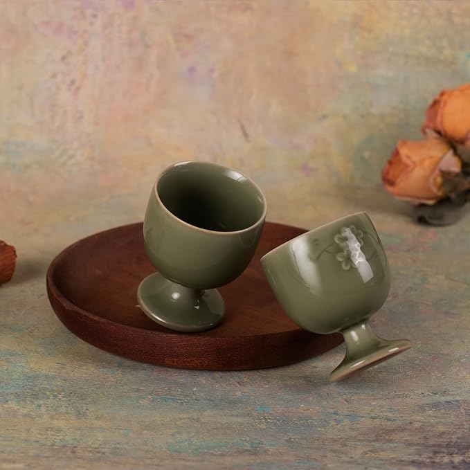 KAMMAK Tea Cup, Porcelain Tea Cups Set, 1.6oz Small Tea Set of 2 for Home, Office, Party, Ceramic Teacups with Short Stem, Chinese Kungfu Tea Set for Hot/Cold Drink（Mugwort Green