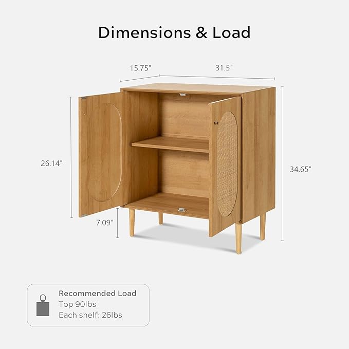Rattan Storage Cabinets with Shelves, Narrow Cabinet with Storage, Sideboard Cabinet with Doors, Rattan Cabinets for Kitchen Dining Room Living Room, Natural Oak