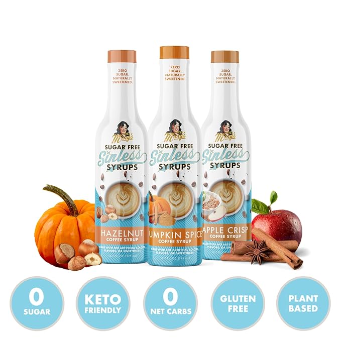 Miss Mary’s Sinless Syrups Fall Collection - Stevia Based, No Sugar Alcohols or Sucralose, No Artificial Sweeteners, Natural Ingredients, Coffee Tea Cocoa Dessert, Keto Friendly. 3 Pack Includes Apple Crisp, Hazelnut, and Pumpkin Spice.