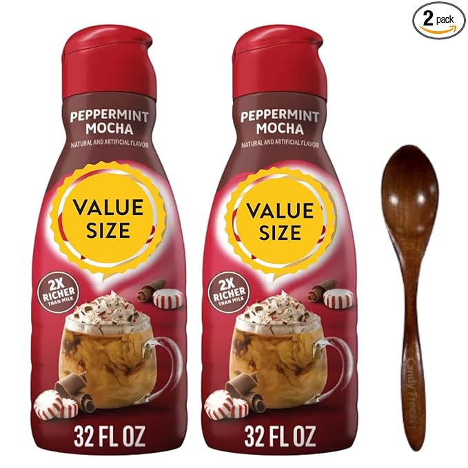 Premium Non-Dairy Liquid Coffee Creamer.- Two (2) 32 fl oz Bottles of Creamy Smooth Delightful Coffee Creamer with Candy Freezer Wooden Spoon (Peppermint Mocha) Wooden Spoon