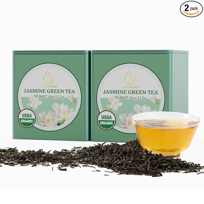 Essencesip Organic Jasmine Green Tea Loose Leaf, 8oz(2X 4OZ Tin) – Scented 6x with 6,000 Fresh Jasmine Blossoms, Low Caffeine, Antioxidant-Rich