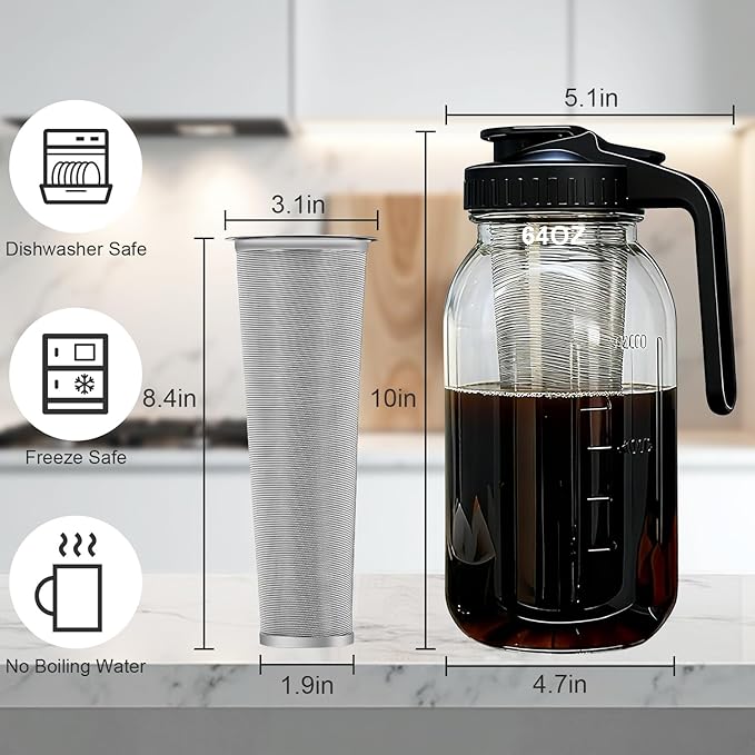 Cold Brew Coffee Maker, 64oz Cold Brew Pitcher with Stainless Steel Filter & Coffee Mat, Glass Cold Brew Mason Jar with Airtight Lid, Cold Brew Brewer Kit Tea Infuser Pitcher, Gifts for Coffee Lovers