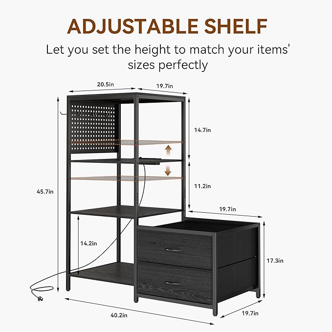 Mini Fridge Stand with Adjustable Shelf, Power Outlet & Storage, Kitchen Organizer for Microwave, Coffee Bar, Dorm, Office (Black)