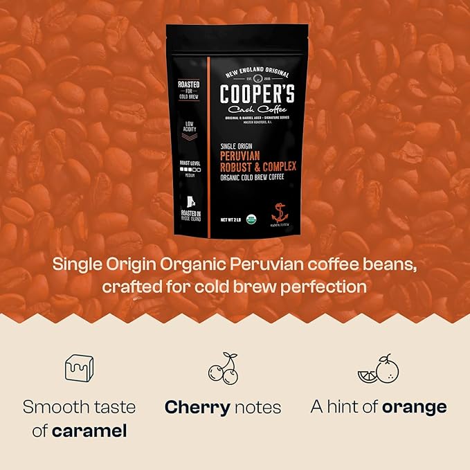 Peruvian Organic Cold Brew Coffee, Single Origin & Gourmet Beans, Tasting Notes Of Caramel With A Touch of Cherry & Orange, Medium Roast Coarse Whole Bean, 2 lb Coffee Bag