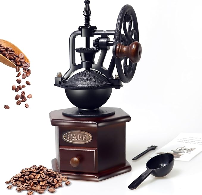 Manual Coffee Grinder Vintage Wooden Coffee Bean Grinder Hand Grinder Roller Antique Coffee Mill for Making Mesh Coffee Classic French Press for Decoration (Hexagon)