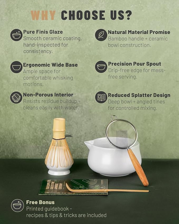 Nucookery Matcha Whisk Set - 5 Pcs Matcha Set with 18oz Ceramic Matcha Bowl (Chawan) with Spout, Bamboo Whisk & Holder, Scoop and Sifter | Complete Matcha Kit for Japanese Tea Ceremony (White)