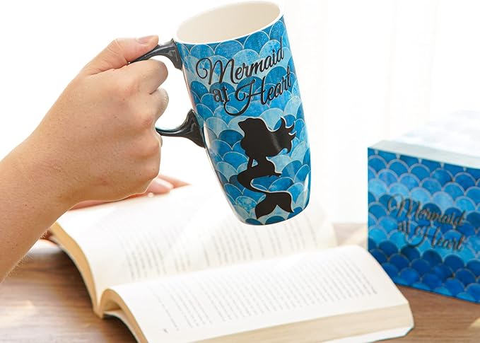 DUSVALLY Ceramic Coffee Mug Travel Cup Gift with Lid 17oz, Tea Cup with Handle for Latte, Cappuccino and Cocoa, Home and Office Porcelain Coffee Cups, Mermaid at Heart