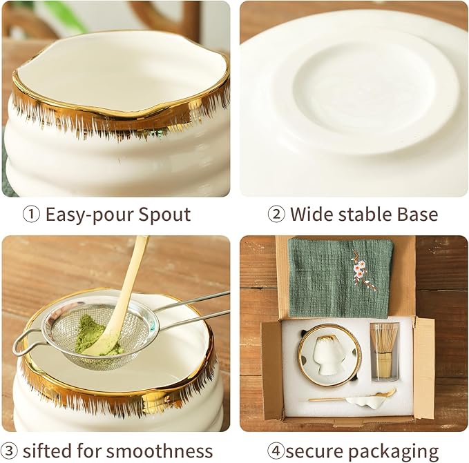 Matcha Whisk Set: Includes Bamboo Whisk, Matcha Bowl, Cute Stand, Bamboo Scoop, Scoop Rest, Sifter and Tea Towel — 7-Piece Matcha Kit with Golden Texture Details, a Favorite for Matcha Lovers (White)