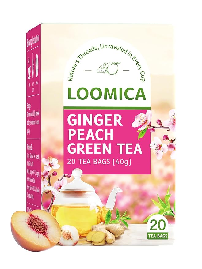 LOOMICA Ginger Peach Green Tea, Caffeinated, Pastoral & Spicy Soothing Blend with Green Tea, Ginger, and Juicy Peach Flavor, Individually Wrapped Bags, 20 Counts
