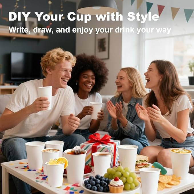 16 oz 100 Pack Disposable Coffee Cups, Bulk White Disposable Paper Cups, Coffee Cups for Hot Tea, Chocolate and Cold Drinks