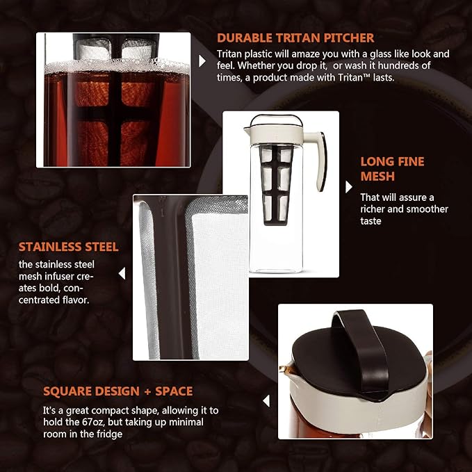 Komax Large Cold Brew Coffee Maker 2 quart (8 Cups) Tritan Pitcher - With Stainless Steel Mesh Infuser - Air Tight Seal, Space Saving Square Design For Concentrated Hot or Cold Beverages