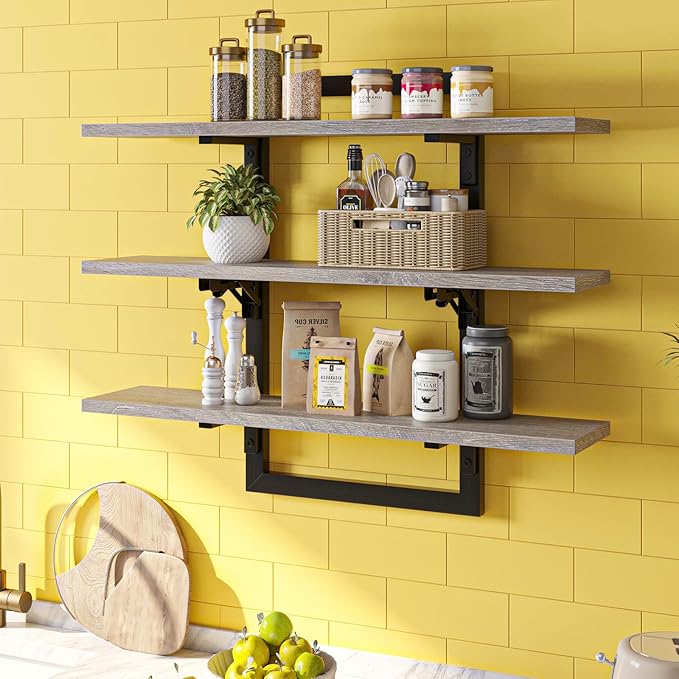 Bestier Floating Shelves for Wall, 32 inch Kitchen Shelves Wall Mounted, 3 Tier Coffee Bar Shelf with Foldable Brackets, Industrial Display Shelf for Bathroom, Living Room, Retro Grey