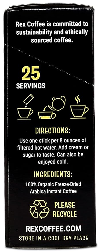 Rex Organic Fairtrade Freeze-Dried Instant Coffee Sticks, Medium Roast Arabica, 25 Single-Serve Packs, USDA Organic & Fairtrade Certified