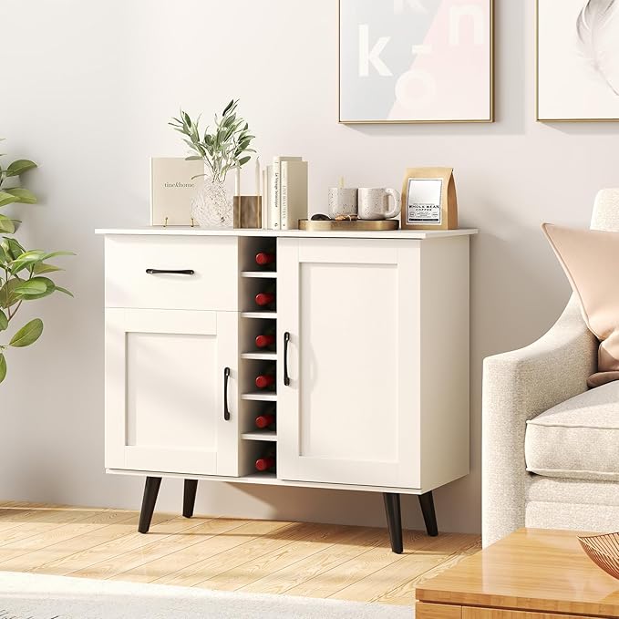Buffet Cabinet with Storage, Liquor Cabinet w/ 6-Bottle Wine Rack, 1 Drawer & 2 Doors, Wood Buffets & Sideboards, Farmhouse Coffee Bar Table for Kitchen, Dining Living Room, Entryway (White)