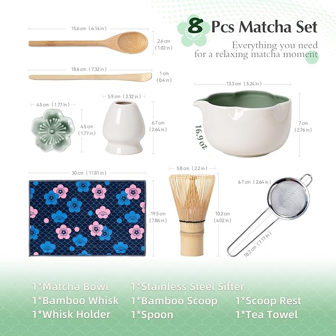 Matcha Set, 8Pcs Floral Ceramic Matcha Set with Matcha Whisk, Holder, Scoop, Scoop Rest, Sifter, Spoon and Tea Towel - Thoughtful Matcha Whisk Set Gift for Matcha Lovers (Beige & Green)