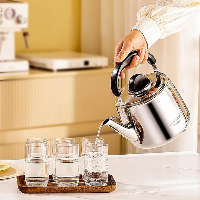 Tea Kettle, 18/8 Stainless Steel Whistling Teapot, 6.34 Quart, Fast Boiling, Anti-Hot Wood Handle (6L,Silver)
