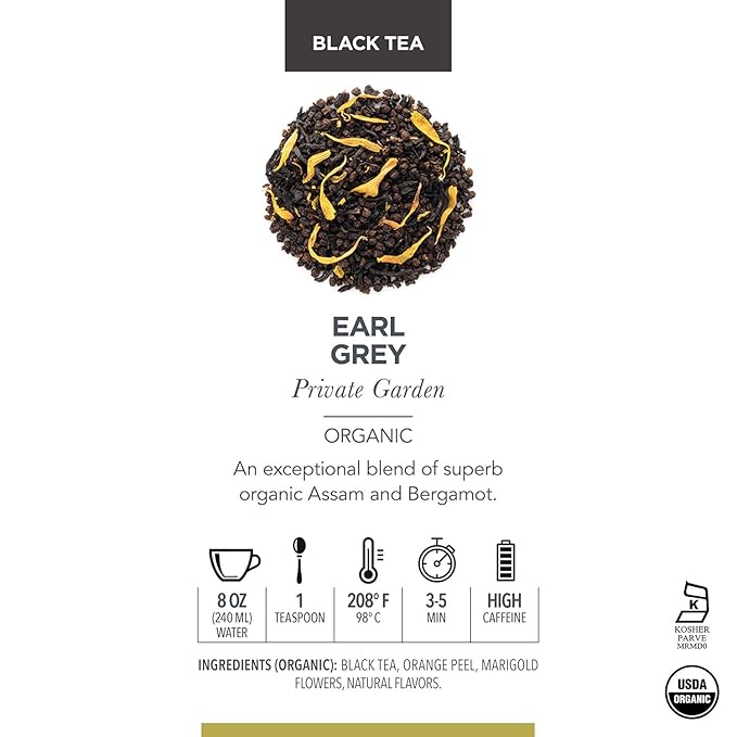 Teabloom Organic Black Tea, Earl Grey Private Garden Loose Leaf Tea, Classic Assam Whole Leaf Blend, USDA Certified Organic, Kosher Certified, 3.53 Ounce Loose Leaf Tea Canister Makes 35-50 Cups