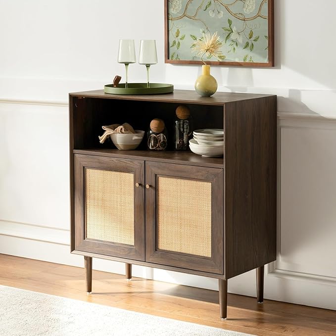 Rattan Sideboard Cabinet, Boho Buffet Storage Cabinet Farmhouse Credenza Cabinet with Natural Rattan Doors and Adjustable Shelves for Living Room, Dining Room, Entryway, Kitchen, Brown