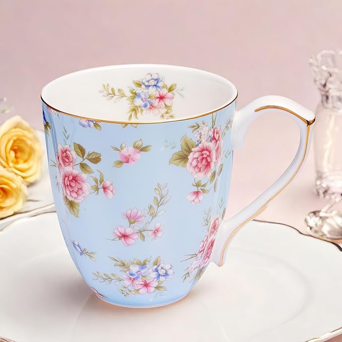 13oz Bone China Floral Mug with Gold Bone China Coffee Mugs Bone Teacup Christmas Mugs Birthday Gifts for Women Mom Friends Coworker